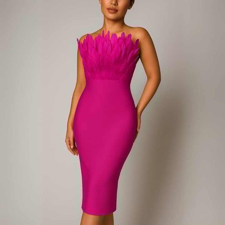 Strapless midi-jurk voor dames met verenversiering
