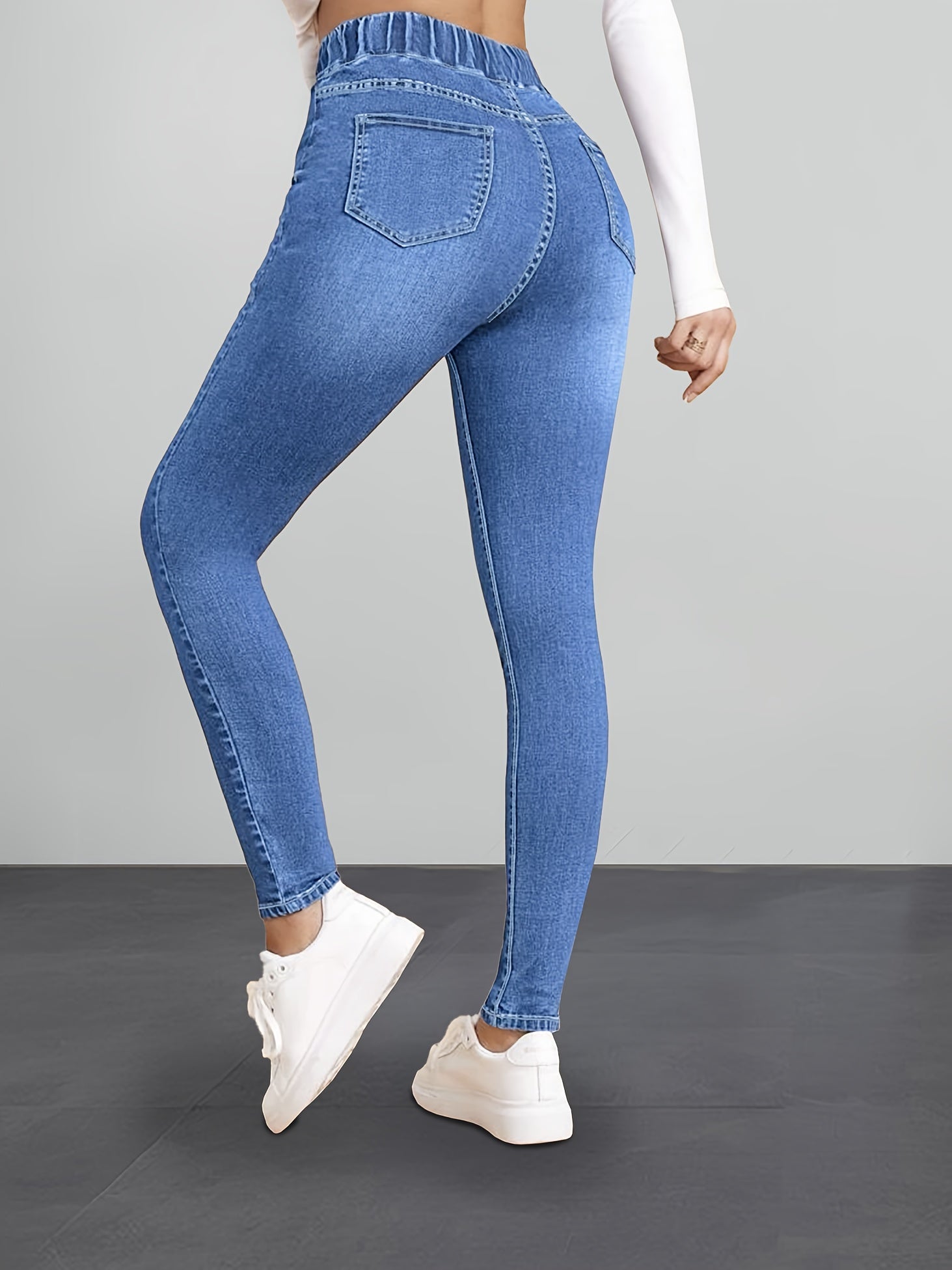 slank makende taille jeans met comfort en verstelbaar touw blauw comfortabel damesbroek