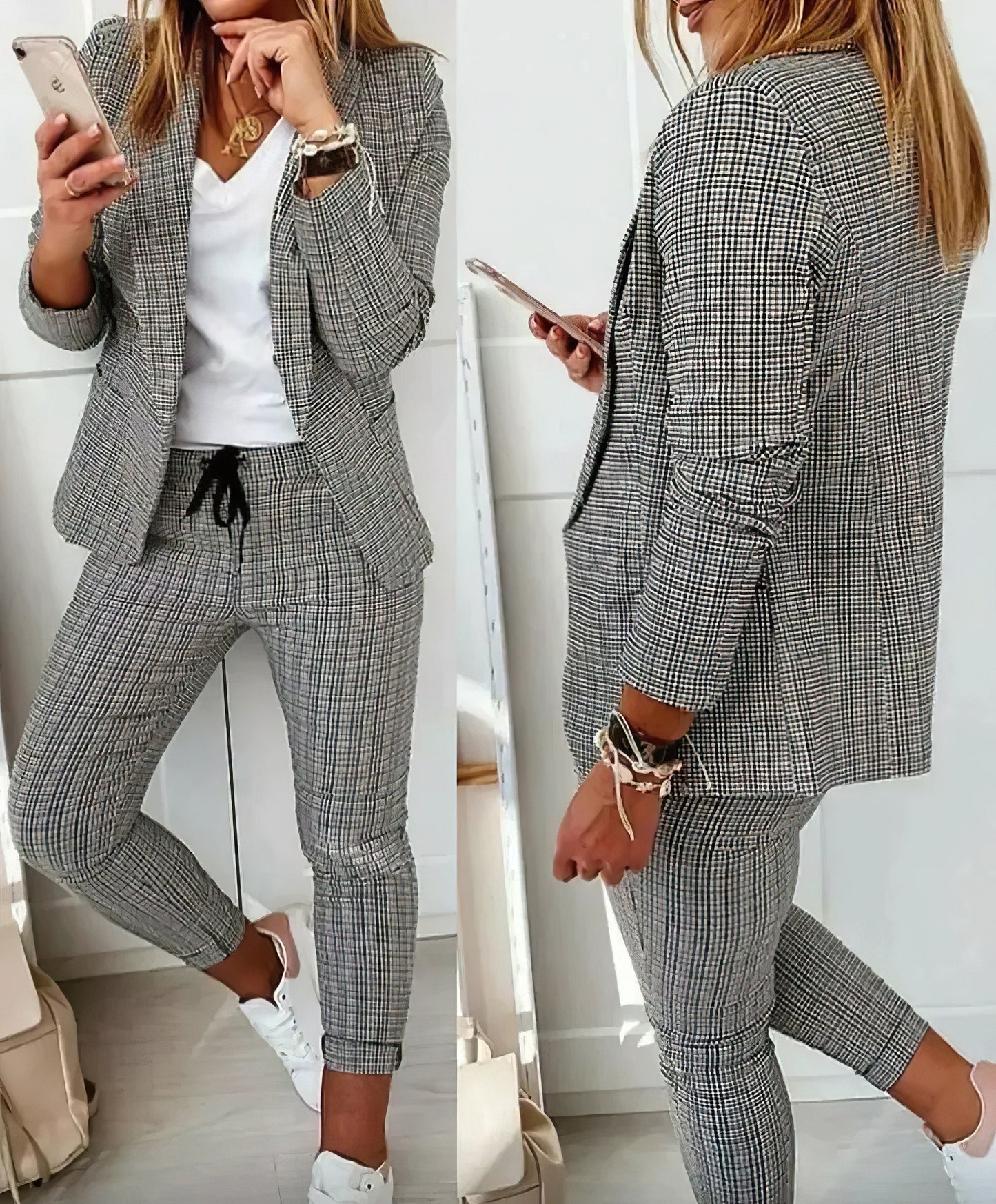 model draagt tweedelige geruite blazer set damespak zakelijke set business suit vrouwenpak met stretch en casual 