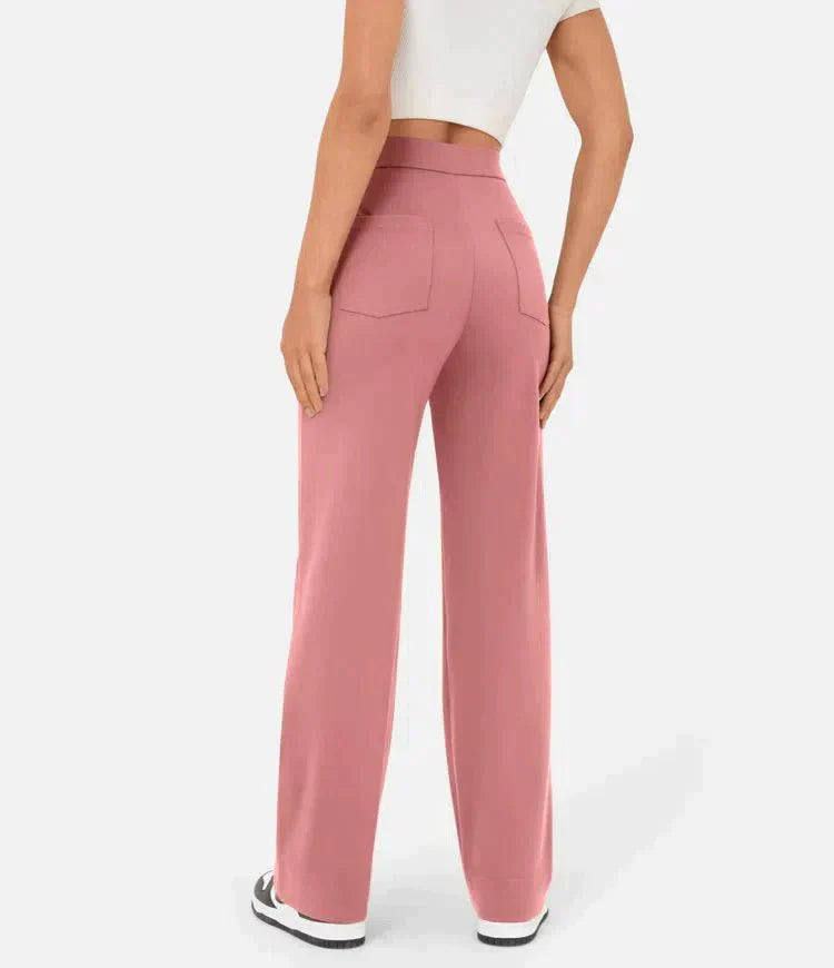 Elastische Broek met Hoge Taille Dames met knopen en zakken roze