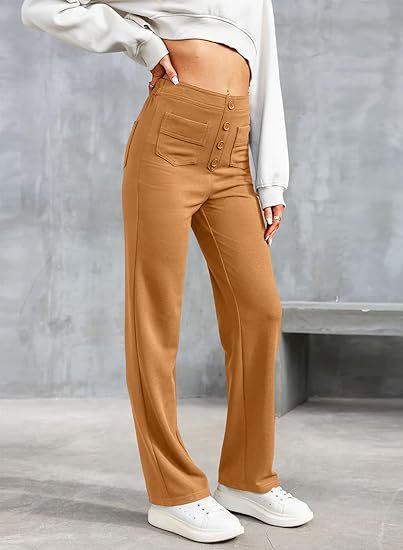 Elastische Broek met Hoge Taille Dames met knopen en zakken oranje