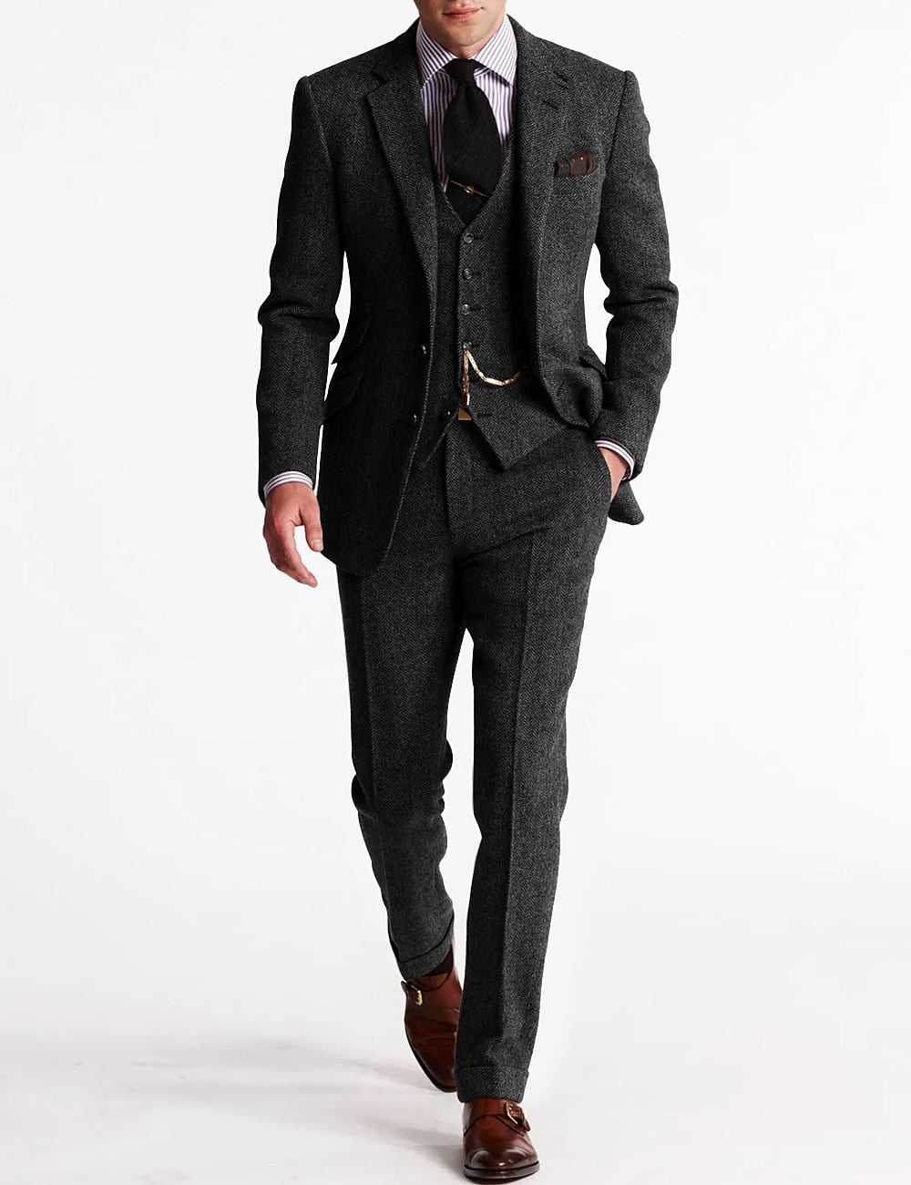 Heren Slim Fit 3-delig Herringbone Trouwkostuum van Wolmix