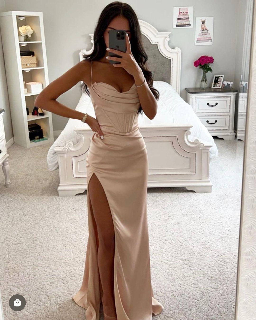 Navy Satijnen Bridesmaid Jurk met Spaghettibandjes