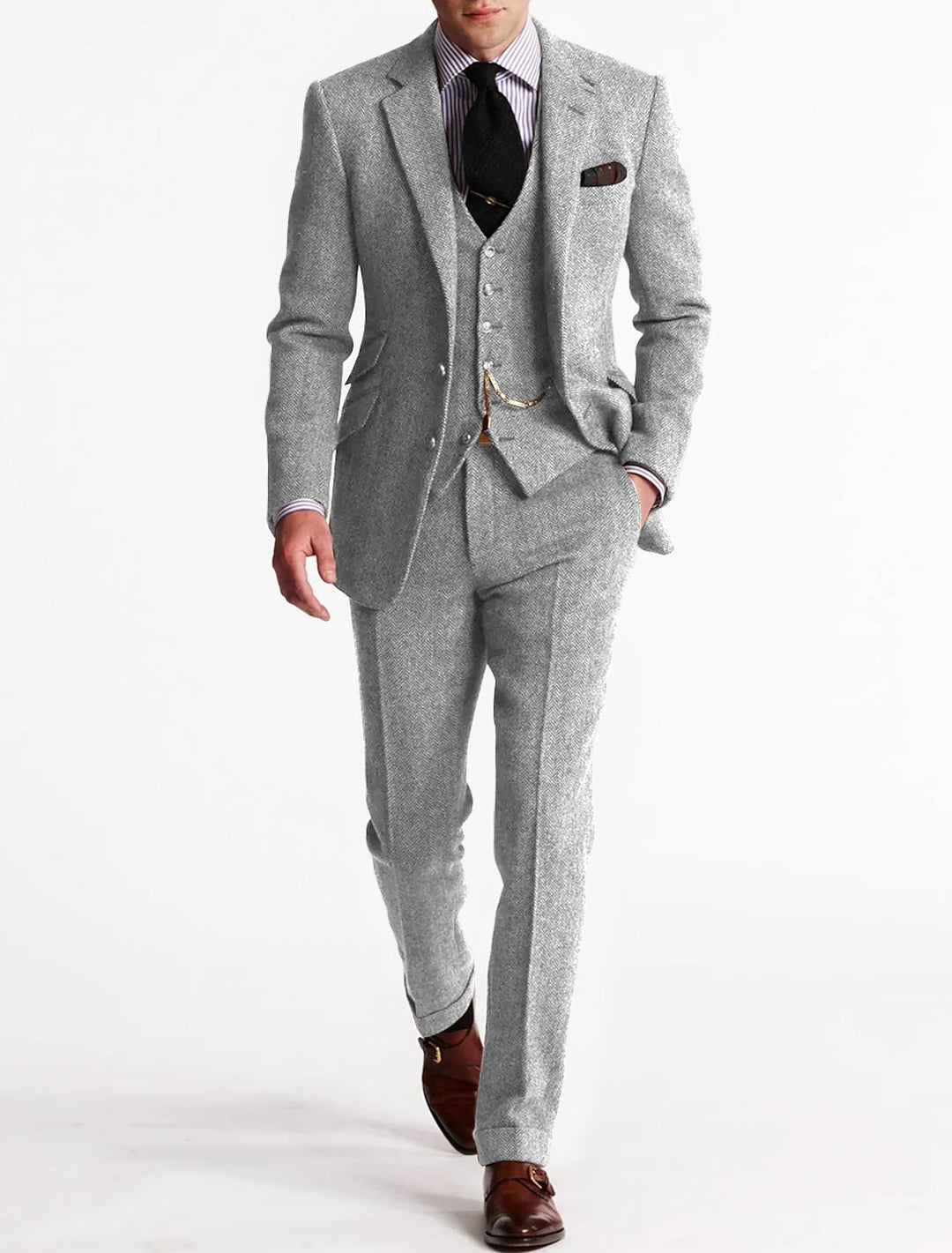 Heren Slim Fit 3-delig Herringbone Trouwkostuum van Wolmix