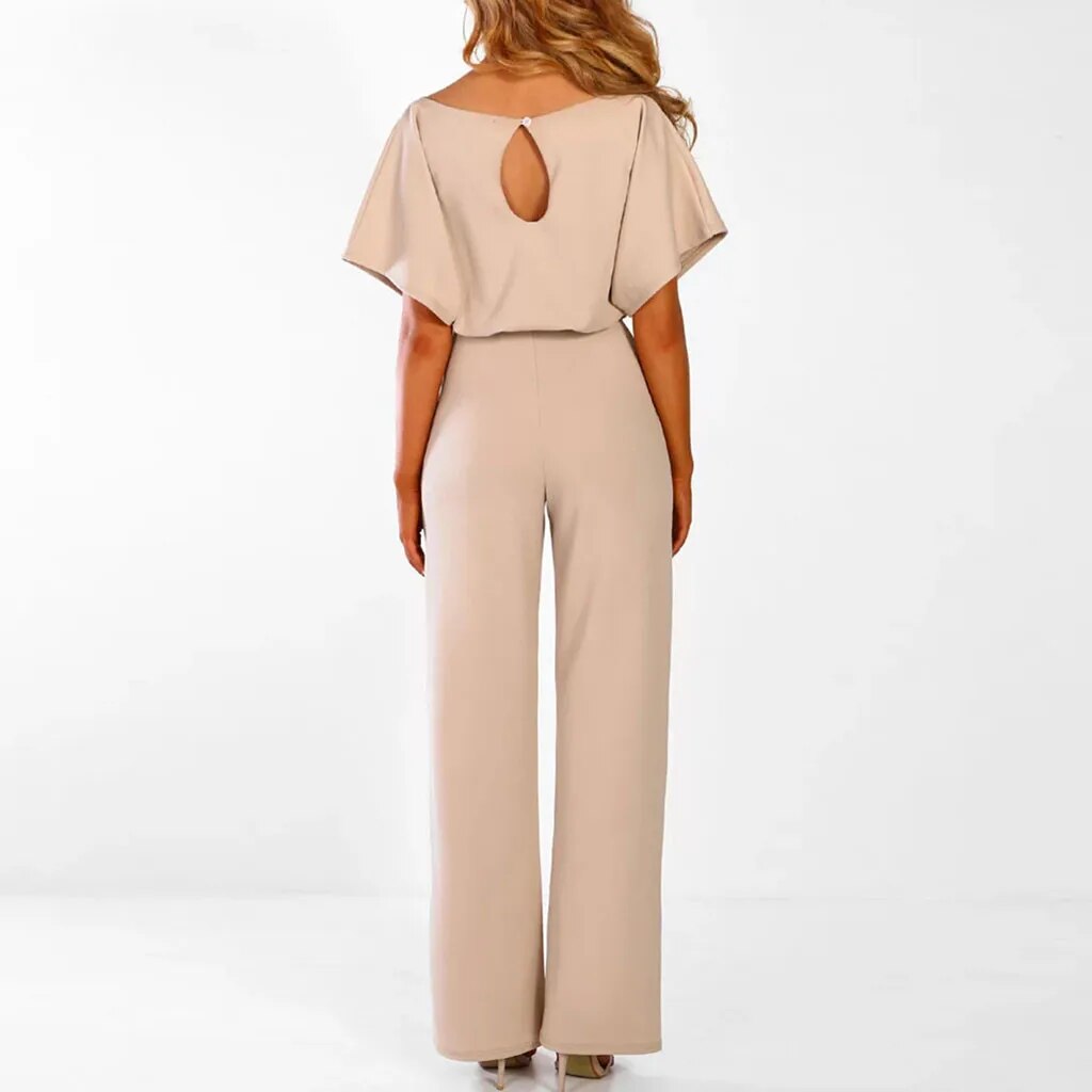 chique zomerse jumpsuit met wijde pijpen trekkoord geplofte mouwen top shirt broek chique elegant zomer lente beige