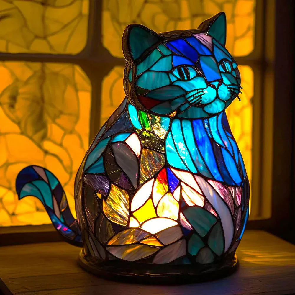 Buntes Tiffany-Katzenlampe aus Glas, leuchtend, dekorativ, für Wohnzimmer oder Schlafzimmer.