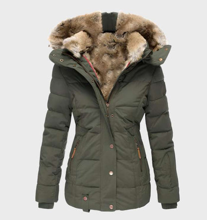 Dikke en warme slim fit winterjas met capuchon, voering van imitatiebont en volledige rits- en knoopsluiting - Gina