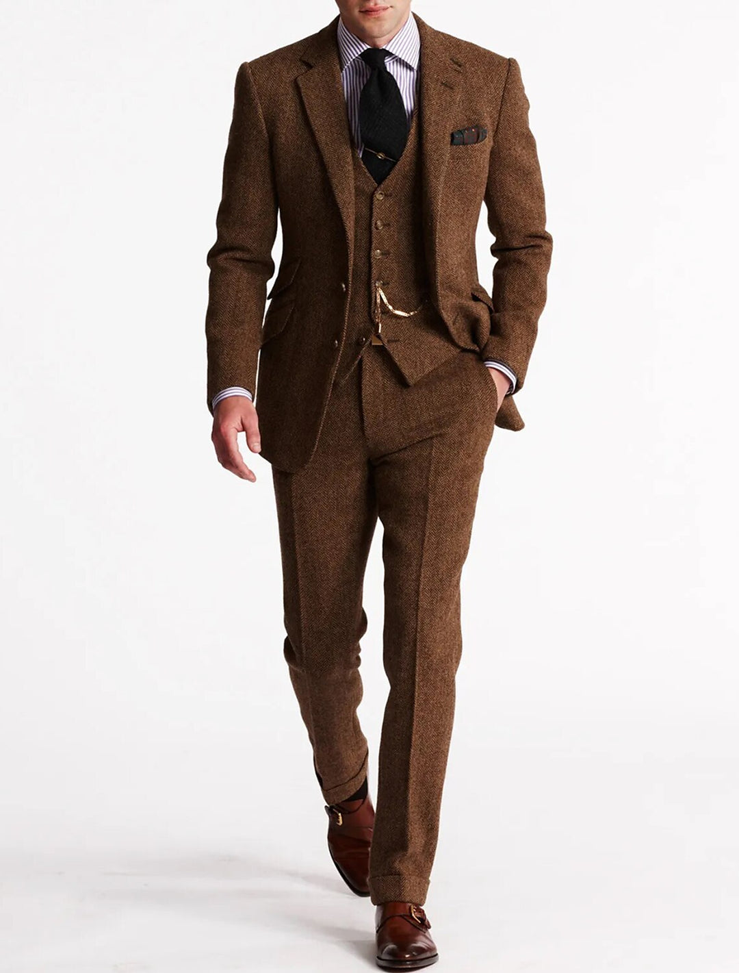 Heren Slim Fit 3-delig Herringbone Trouwkostuum van Wolmix