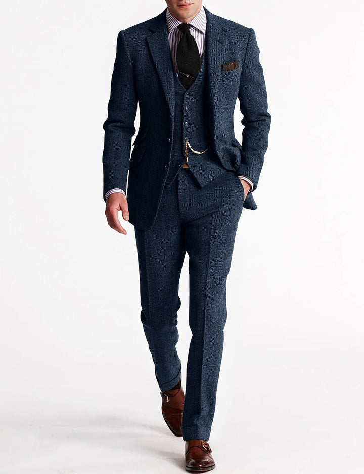 Heren Slim Fit 3-delig Herringbone Trouwkostuum van Wolmix