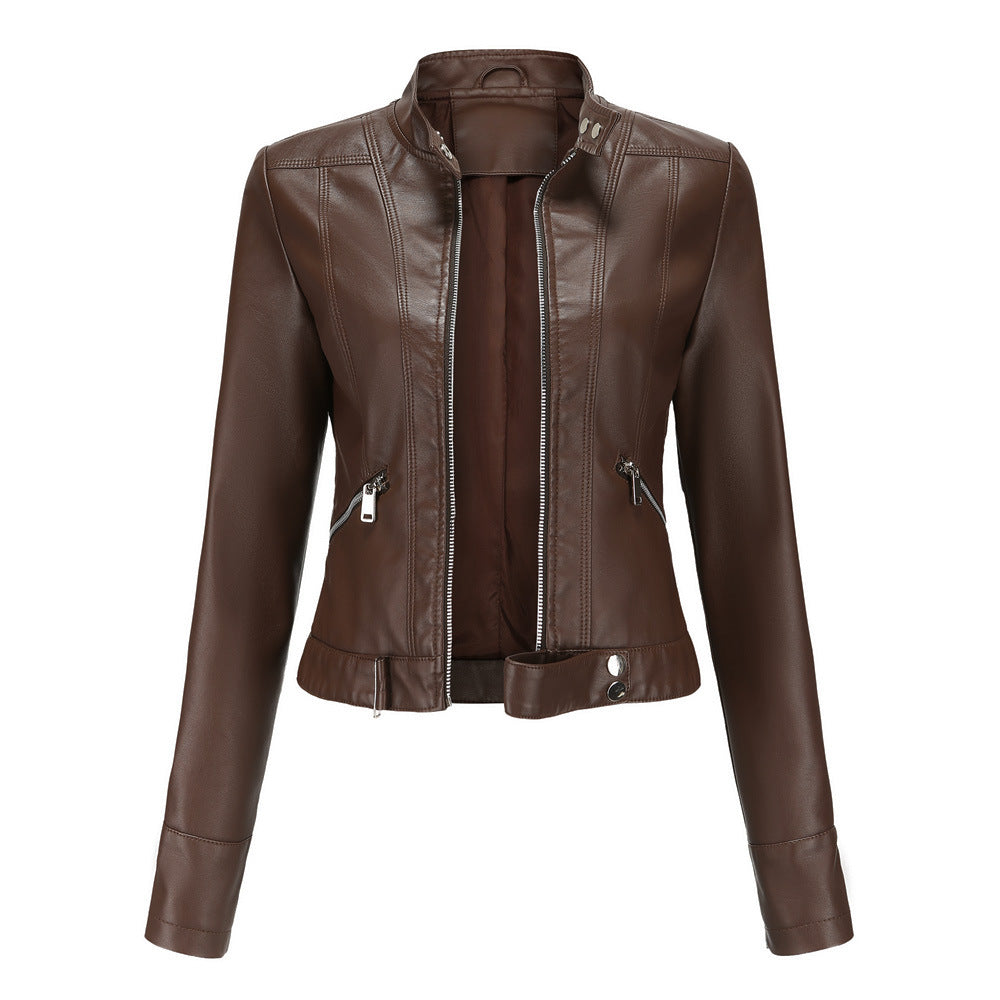 Leren korte zomerjas voor vrouwen, stoere leren bikerjacket dames met ange mouwen en zij vakken met rits, zara jas, zomerjas tussenjas, waterdicht wintdicht bruin