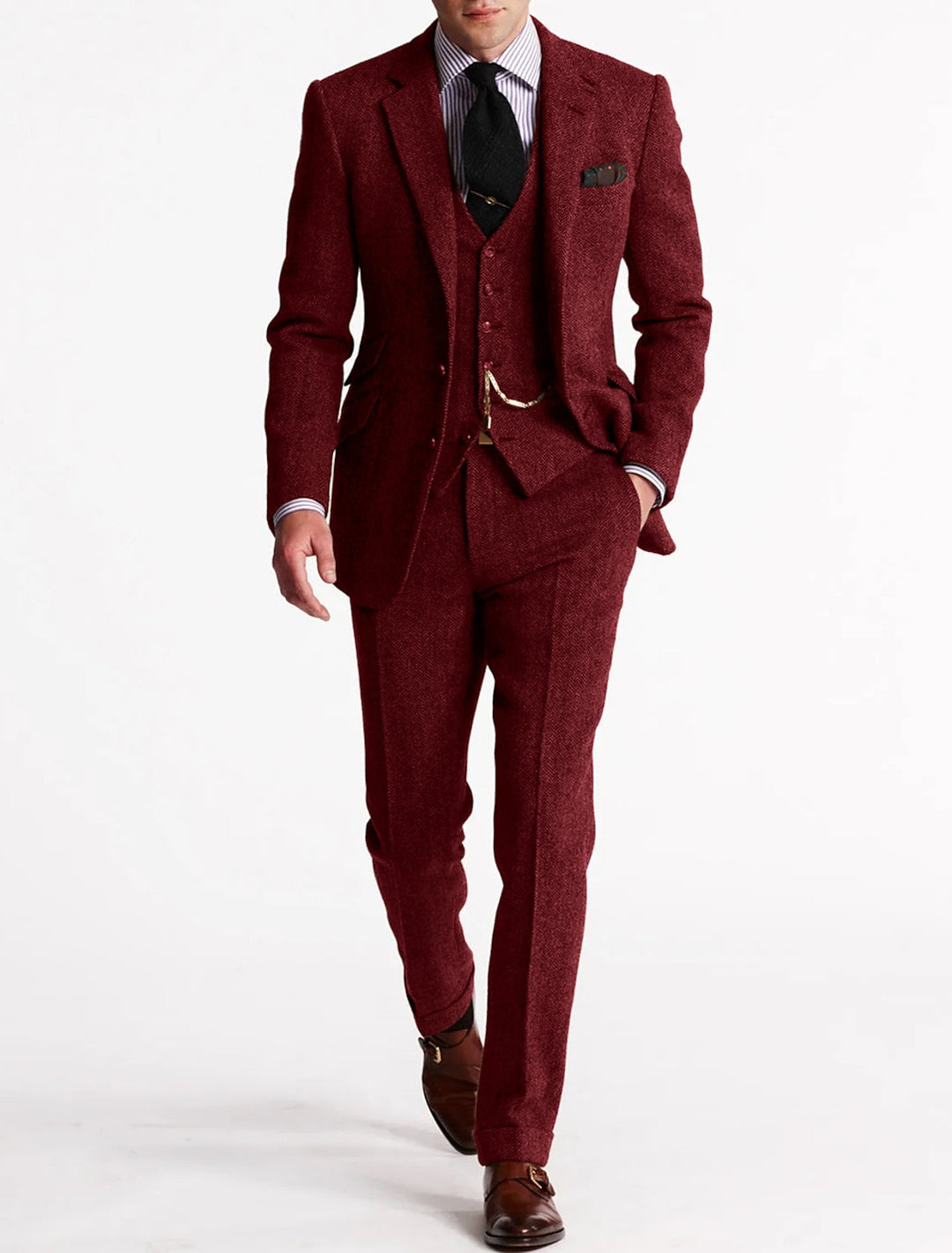 Heren Slim Fit 3-delig Herringbone Trouwkostuum van Wolmix