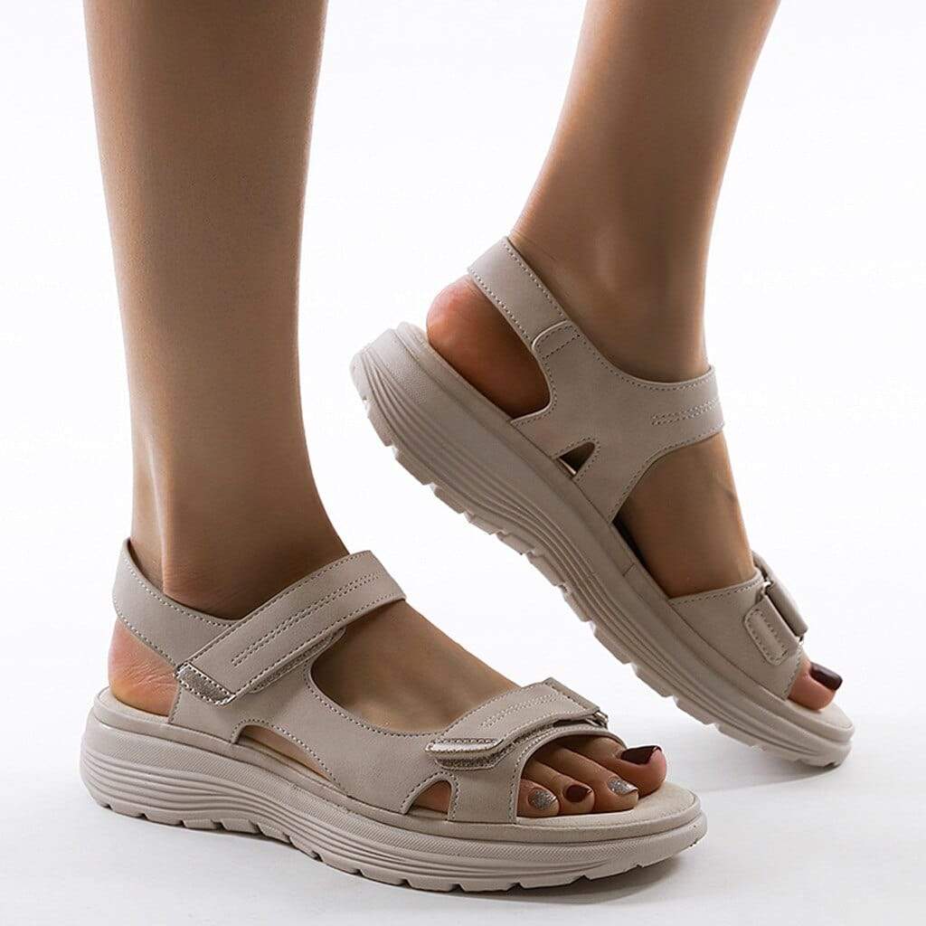 Orthopedische Sandalen Dames met ondersteuning Beige leer met klitterband sluiting