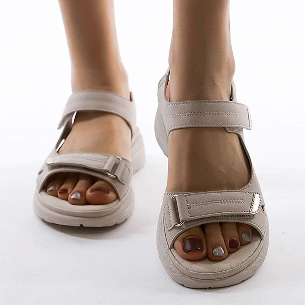 Orthopedische Sandalen Dames met ondersteuning Beige leer met klitterband sluiting