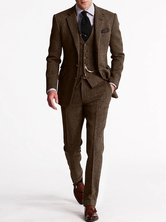 Heren Slim Fit 3-delig Herringbone Trouwkostuum van Wolmix