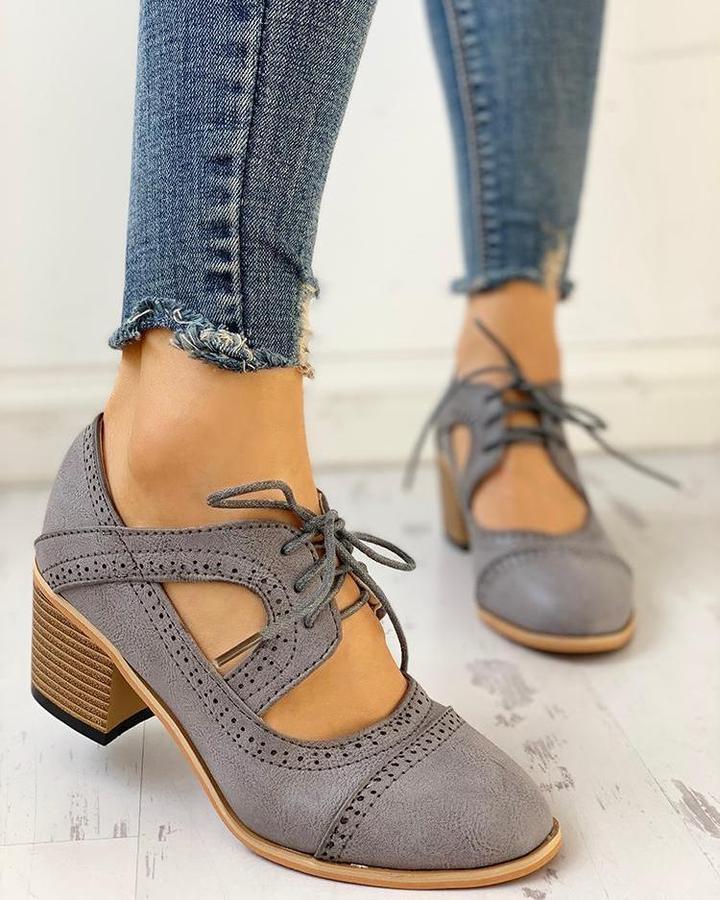 Grijze Orthopedische vintage Schoenen Dames met korte hak en veters